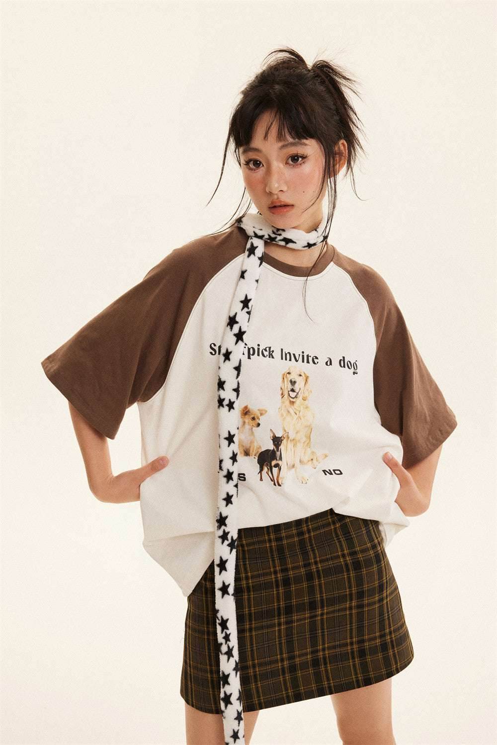 Animal Puppy Printed Color Matching Short Sleeve For Women MuddyStock