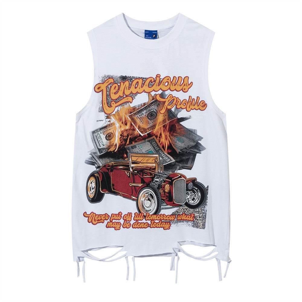 Flame Banknote Car Printed T-shirt For Men And Women White