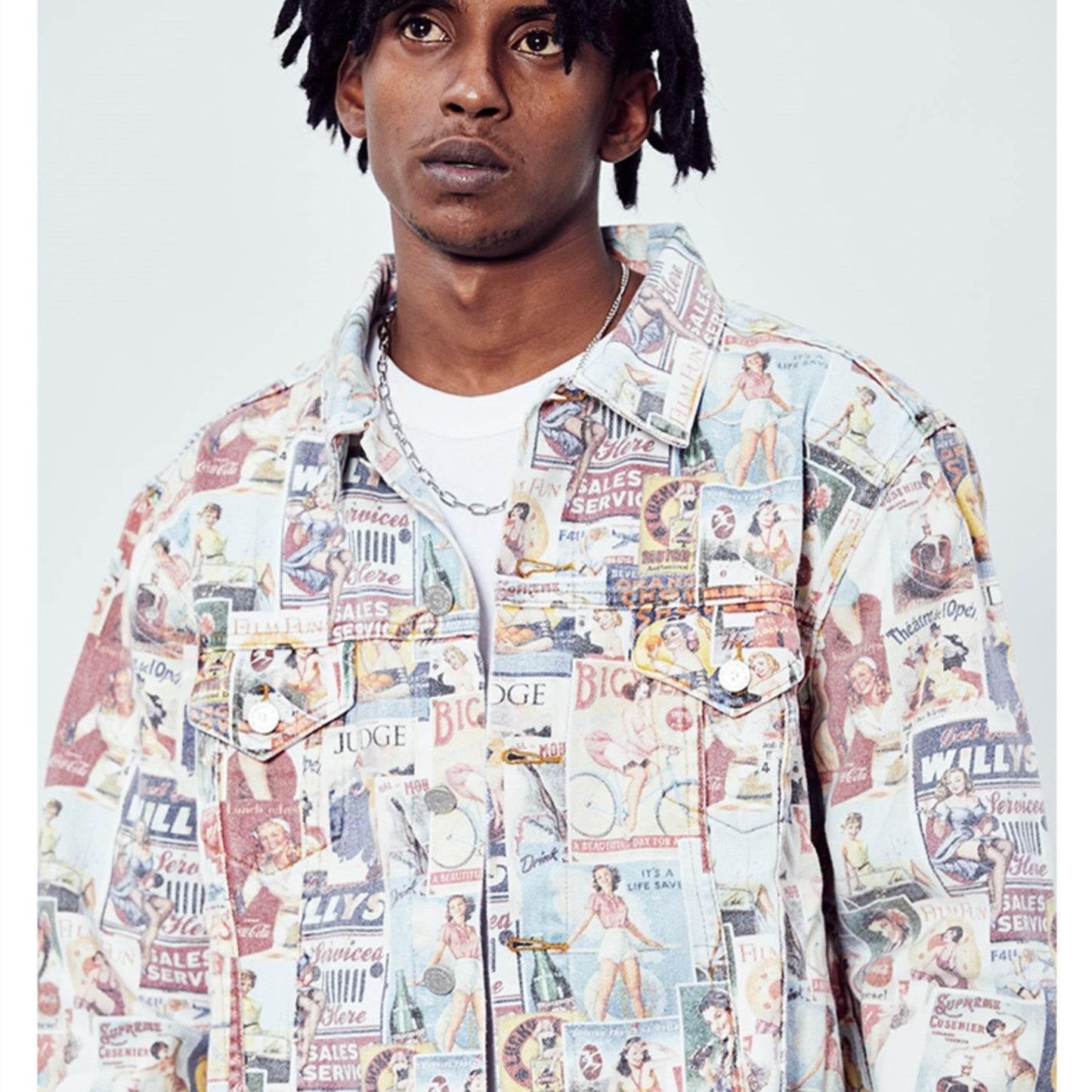 Hip Hop Washed Vintage Poster Cowboy Loose Coat For Men