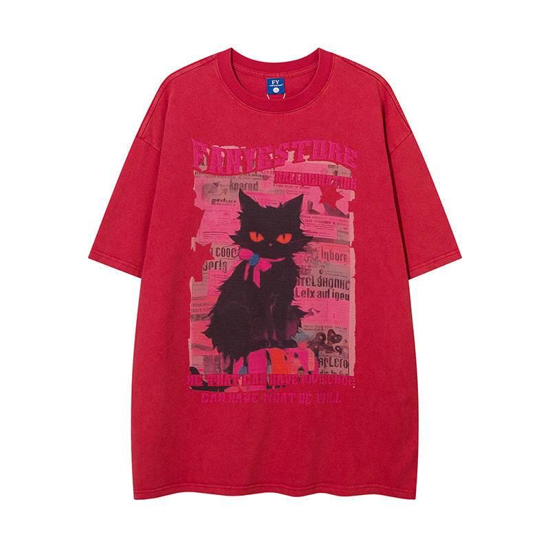 Cartoon Cat Printed Loose Short Sleeve For Women Red MuddyStock