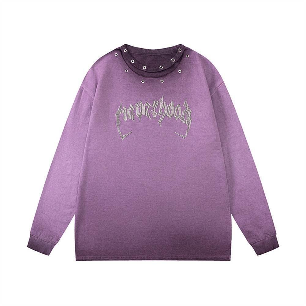 Hollow Round Neck Long Sleeve T-shirt Women Purple