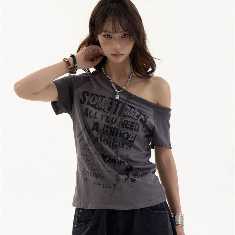 Female American Retro Spicy Girl Letter Slanted Shoulder Short Sleeved T Shirt Grey MuddyStock
