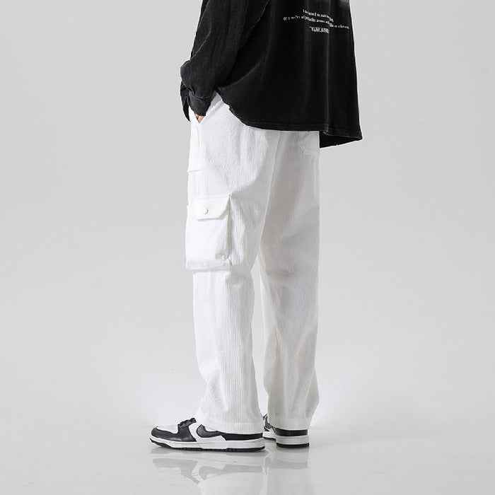Men's Loose All-matching Corduroy Multi-pocket Straight Cargo Pants White MuddyStock