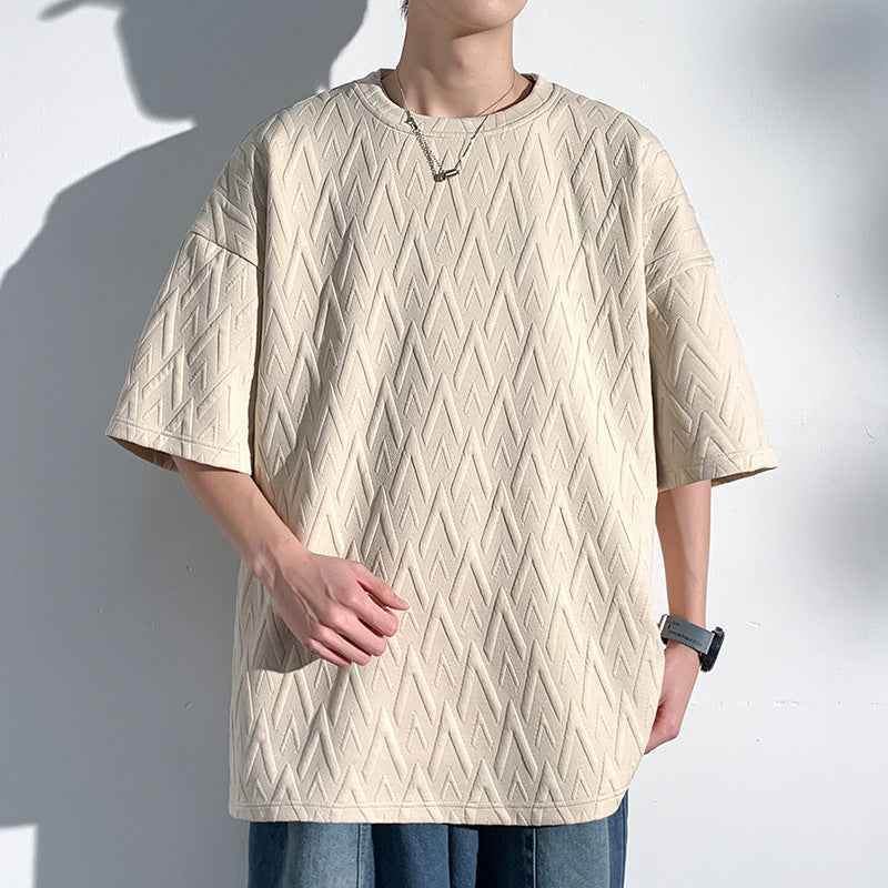 Mid-sleeve Bottoming Shirt Men's Round Neck Jacquard Solid Color Plus Size T-shirt Khaki MuddyStock