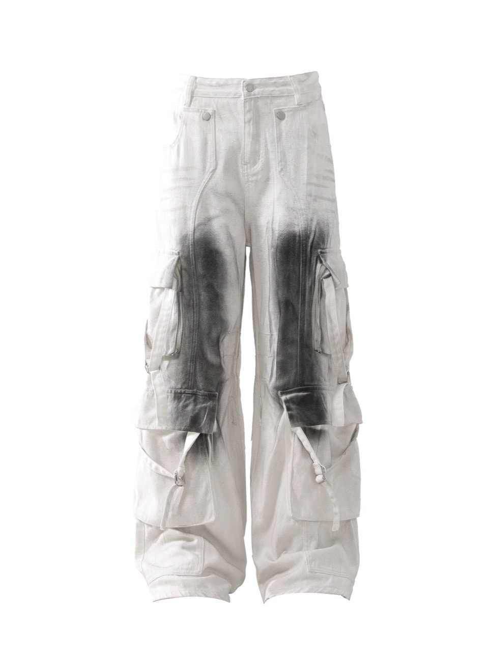 Splash Ink Multi-pocket Cargo Pants Men's Loose White MuddyStock