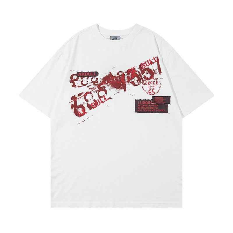 Letter Affixed Cloth Embroidered Printed Short Sleeve Men White