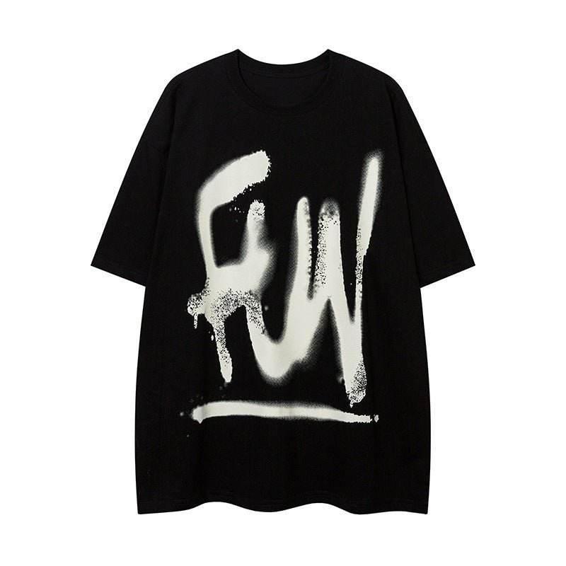 Fashion Graffiti Letter Short Sleeve Women Clothing Black