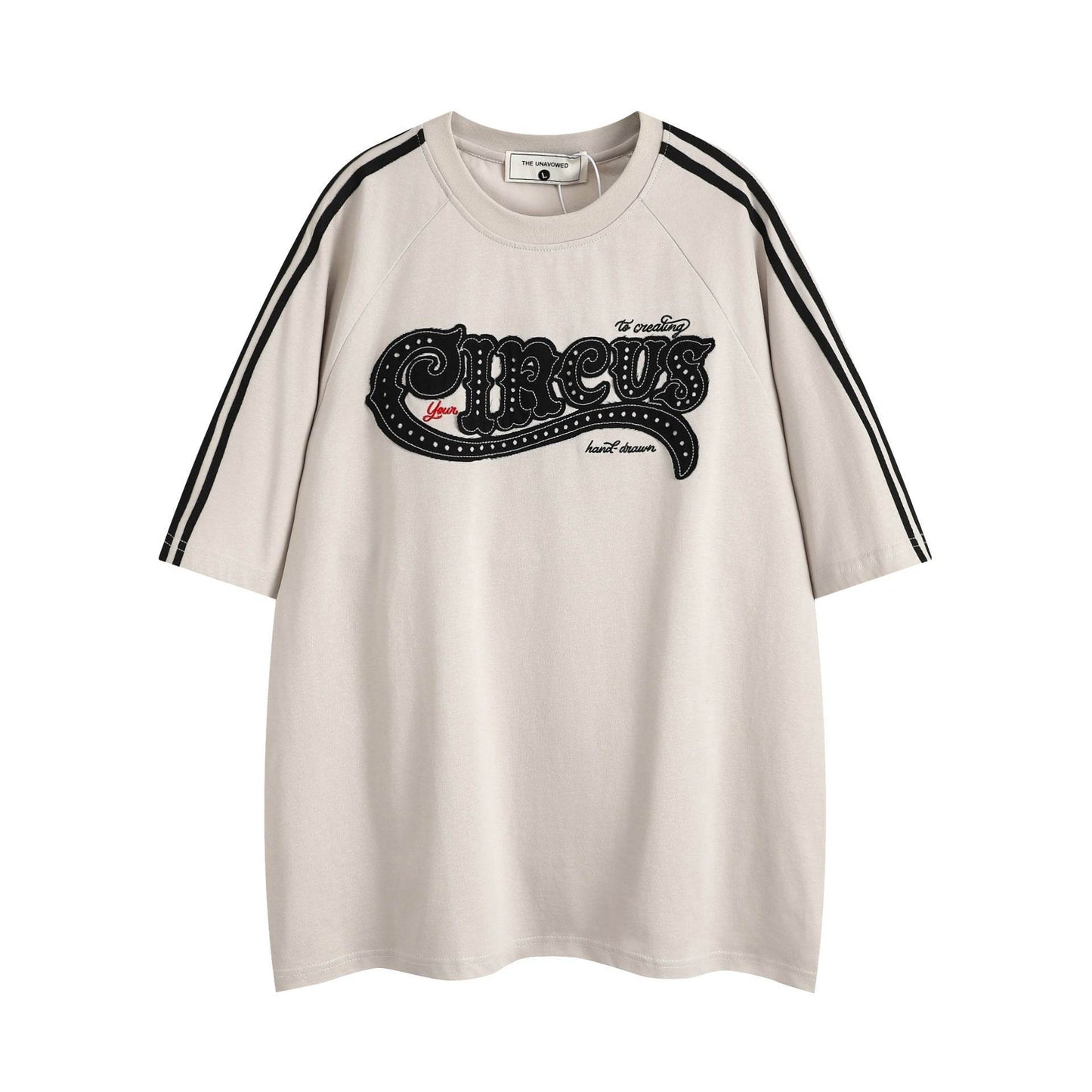 Fashion Letter Patch Embroidered Short Sleeve Men Apricot MuddyStock