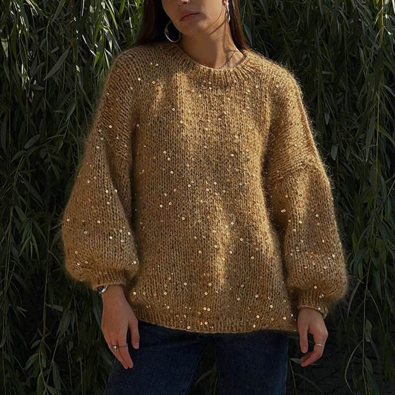 Fashionable sequined sweater, loose round neck lantern sleeve head, knitted sweater | MuddyStock Originals yellow One size MuddyStock
