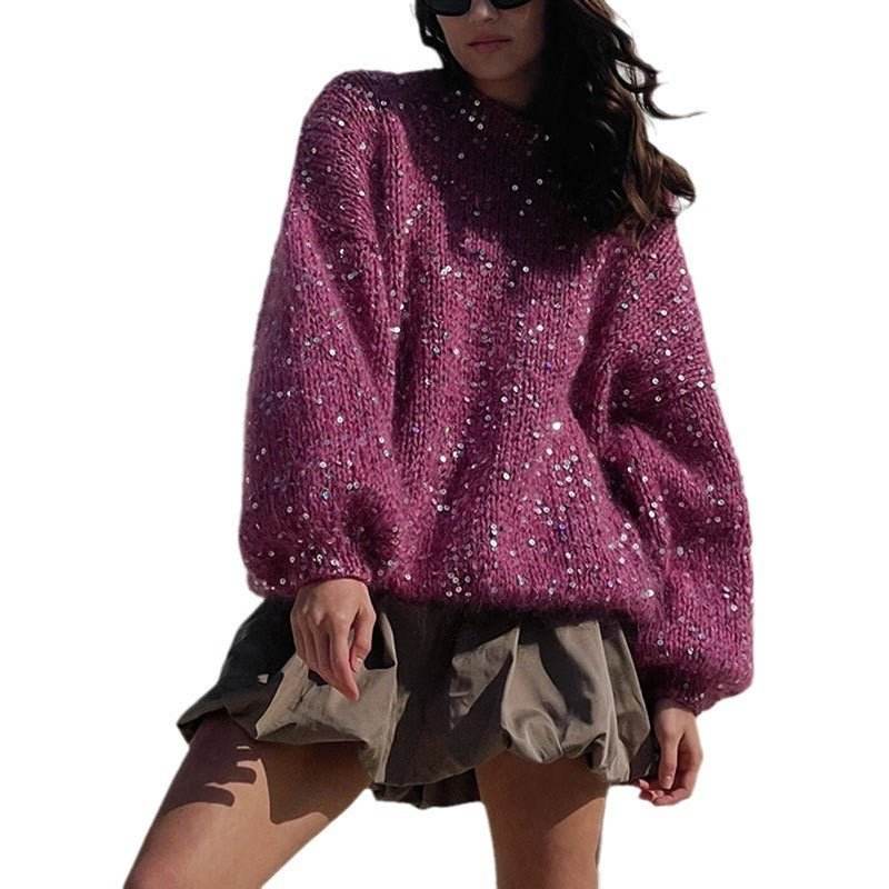 Fashionable sequined sweater, loose round neck lantern sleeve head, knitted sweater | MuddyStock Originals MuddyStock