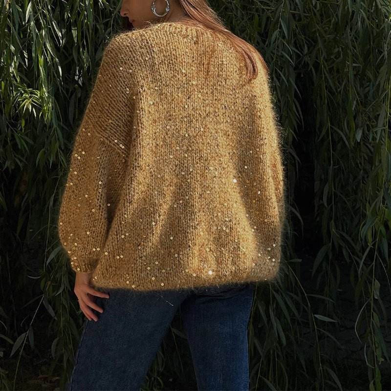Fashionable sequined sweater, loose round neck lantern sleeve head, knitted sweater | MuddyStock Originals MuddyStock