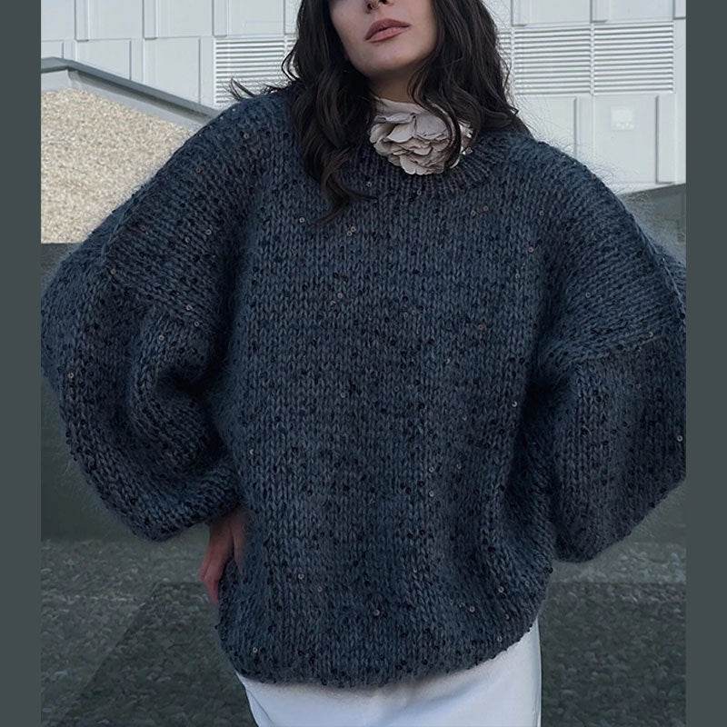 Fashionable sequined sweater, loose round neck lantern sleeve head, knitted sweater | MuddyStock Originals blue One size MuddyStock