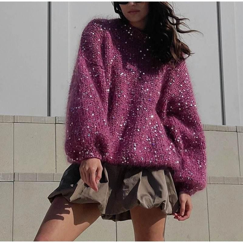 Fashionable sequined sweater, loose round neck lantern sleeve head, knitted sweater | MuddyStock Originals purple One size