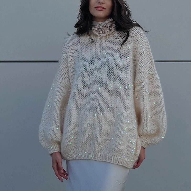 Fashionable sequined sweater, loose round neck lantern sleeve head, knitted sweater | MuddyStock Originals MuddyStock