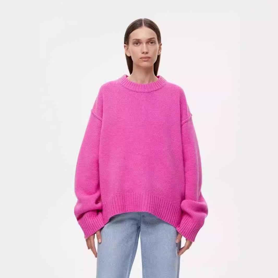 Ladies New Autumn And Winter Loose Round Neck Sweater Rose Red