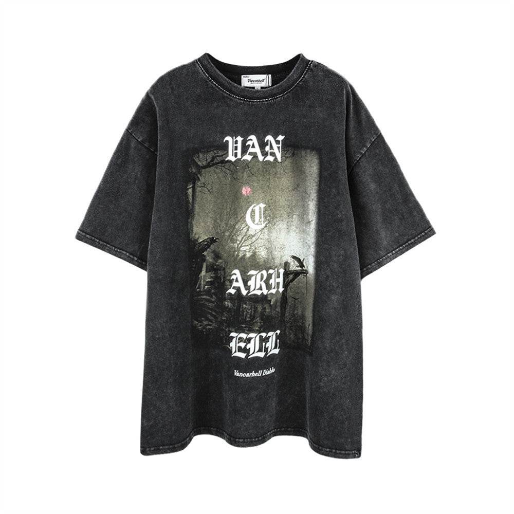 Summer Dark Style Cross Printed Short-sleeved T-shirt Black MuddyStock