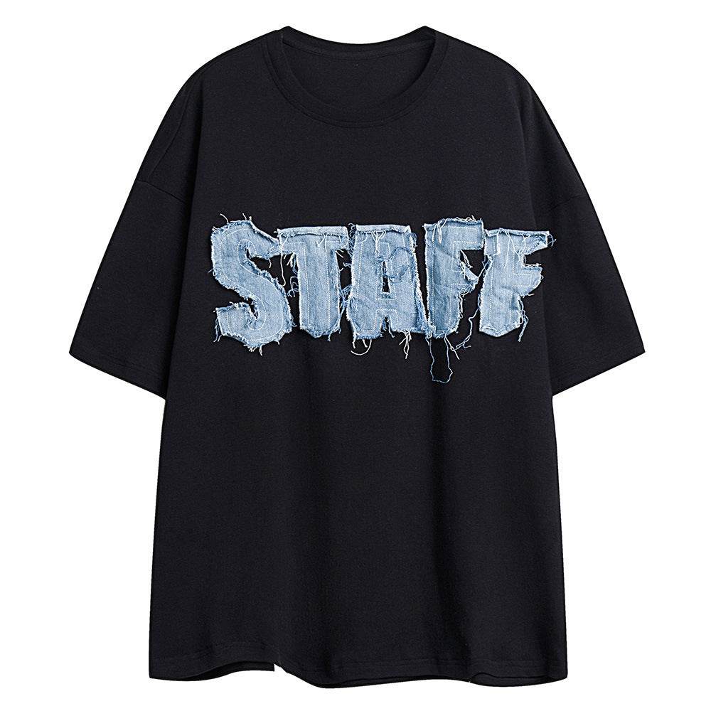 Letter Denim Patch Short Sleeve Clothing Black MuddyStock