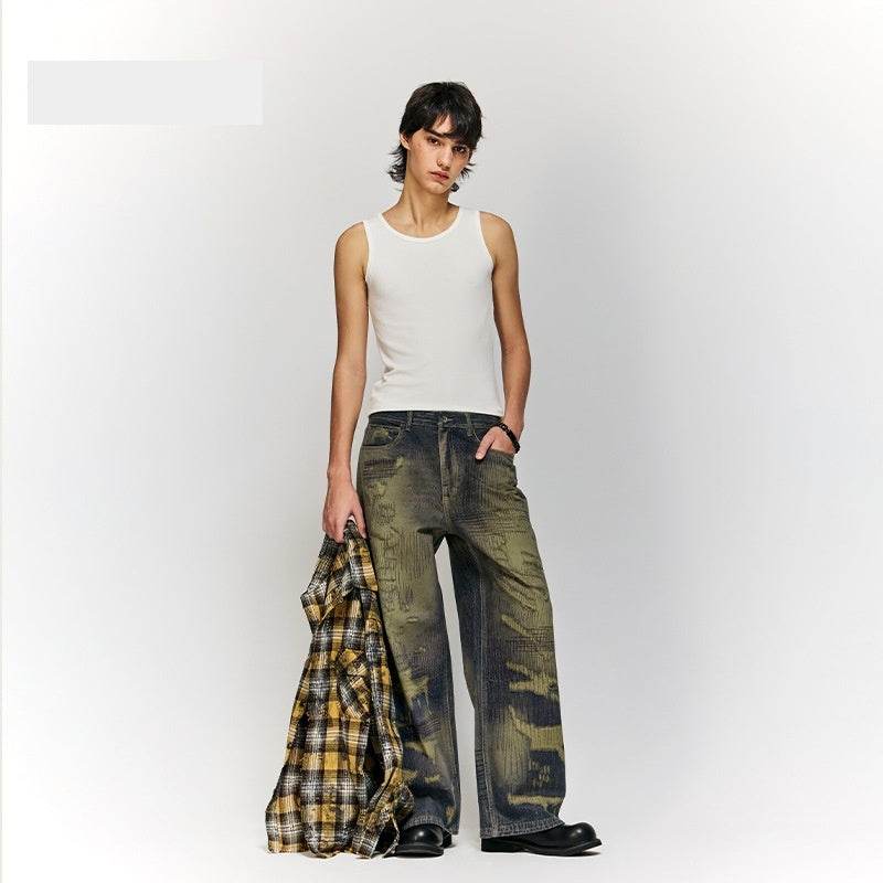 Autumn And Winter New American Street Fashion Printed Denim Wide Leg Pants For Men MuddyStock