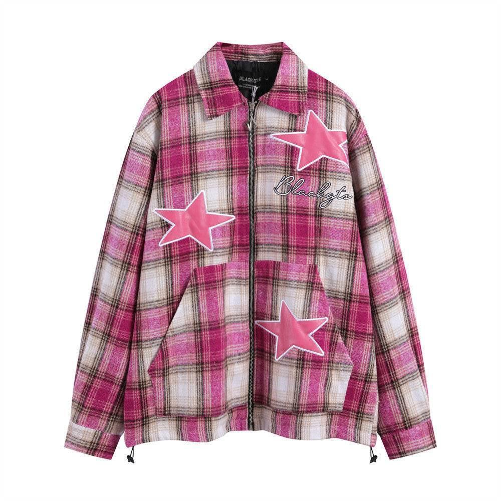 Embroidered Plaid Coat For Women Pink