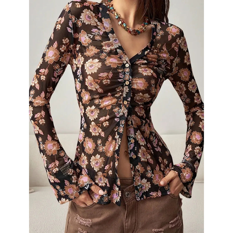 Women Button Down Long Sleeve V Neck Ruched Fitted Top MuddyStock