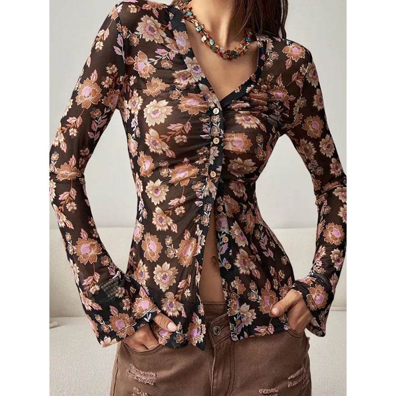 Women Button Down Long Sleeve V Neck Ruched Fitted Top MuddyStock