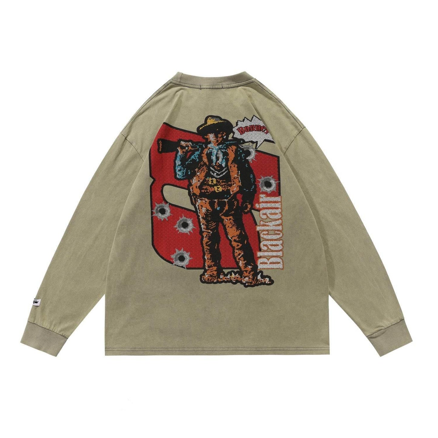 Denim Print Washed Distressed Loose Long Sleeve T-Shirt For Women Brown