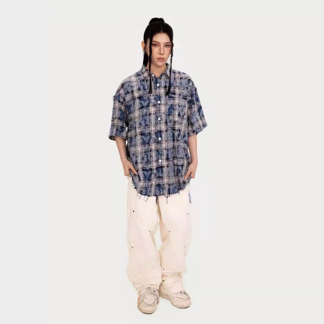American Tie-dye Short Sleeve Plaid Shirt For Women MuddyStock