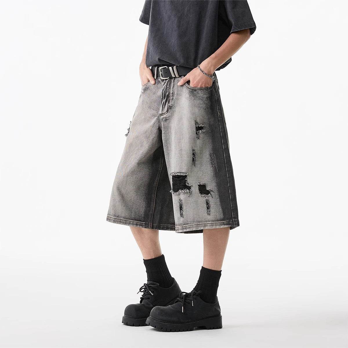 High Street Washed Hole Denim Shorts For Men MuddyStock