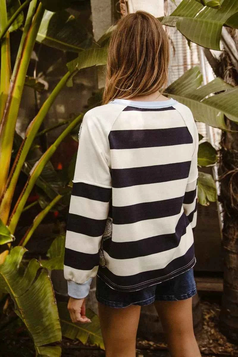 Patchwork Striped Round Neck Sweatshirt For Women Trendsi