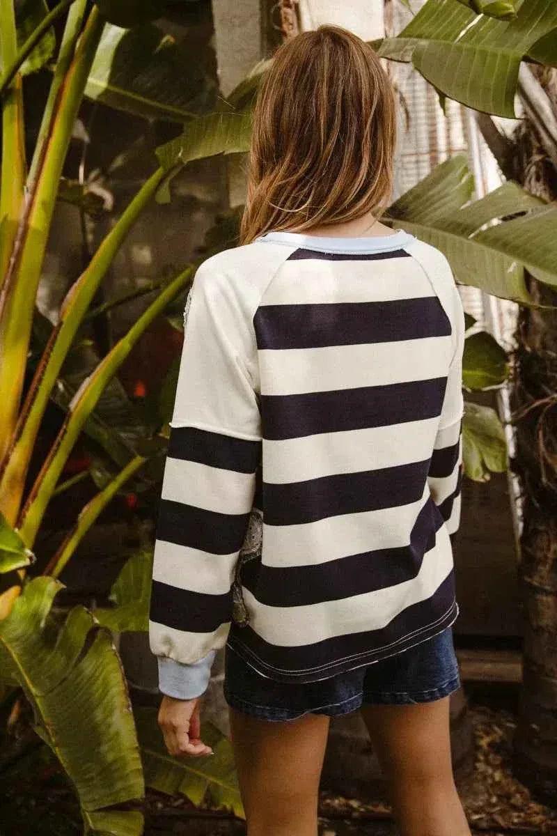 Patchwork Striped Round Neck Sweatshirt For Women