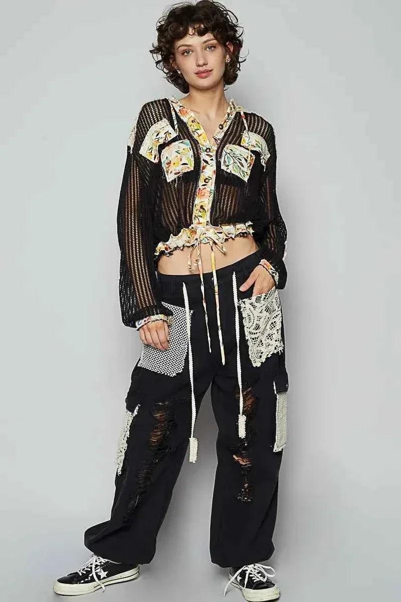 Vintage Washed Crochet Hoodie Top With Patchwork For Women