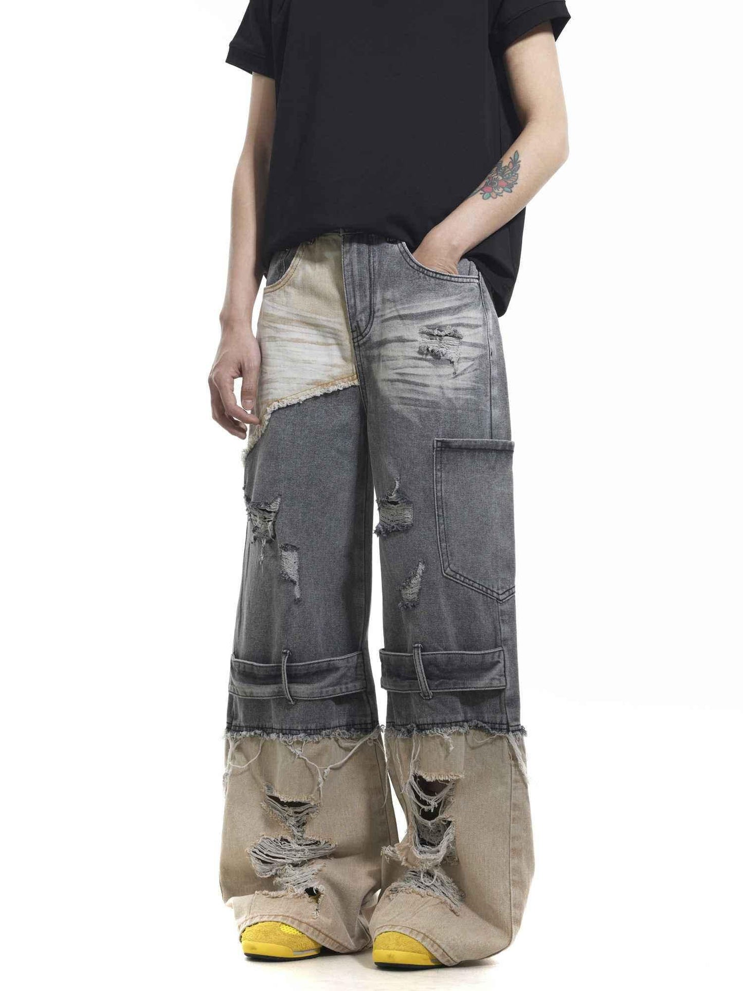 Niche Heavy Industry Washed Damaged Stitching Jeans For Men MuddyStock