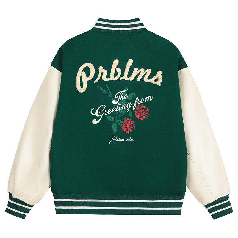 Rose Embroidered Baseball Uniform Loose High Street Jacket For Men Green MuddyStock