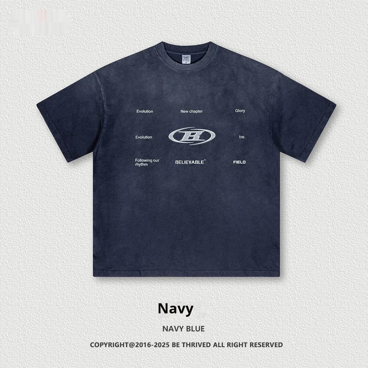 Retro Washed Round Neck Short Sleeve Men And Women Navy Blue MuddyStock