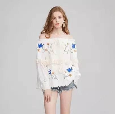 Flower embroidery hollow tassel one shoulder big trumpet sleeve shirt top | MuddyStock Originals MuddyStock