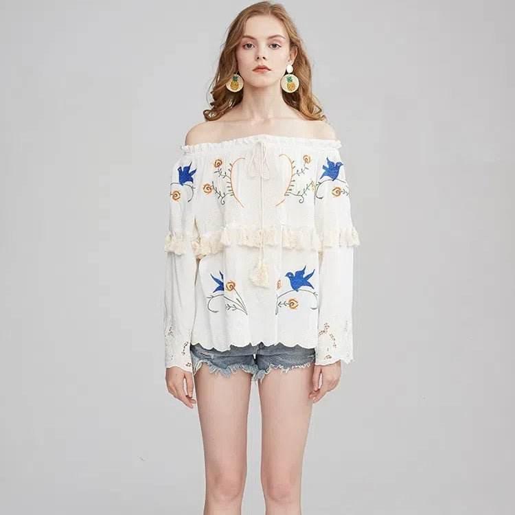 Flower embroidery hollow tassel one shoulder big trumpet sleeve shirt top | MuddyStock Originals