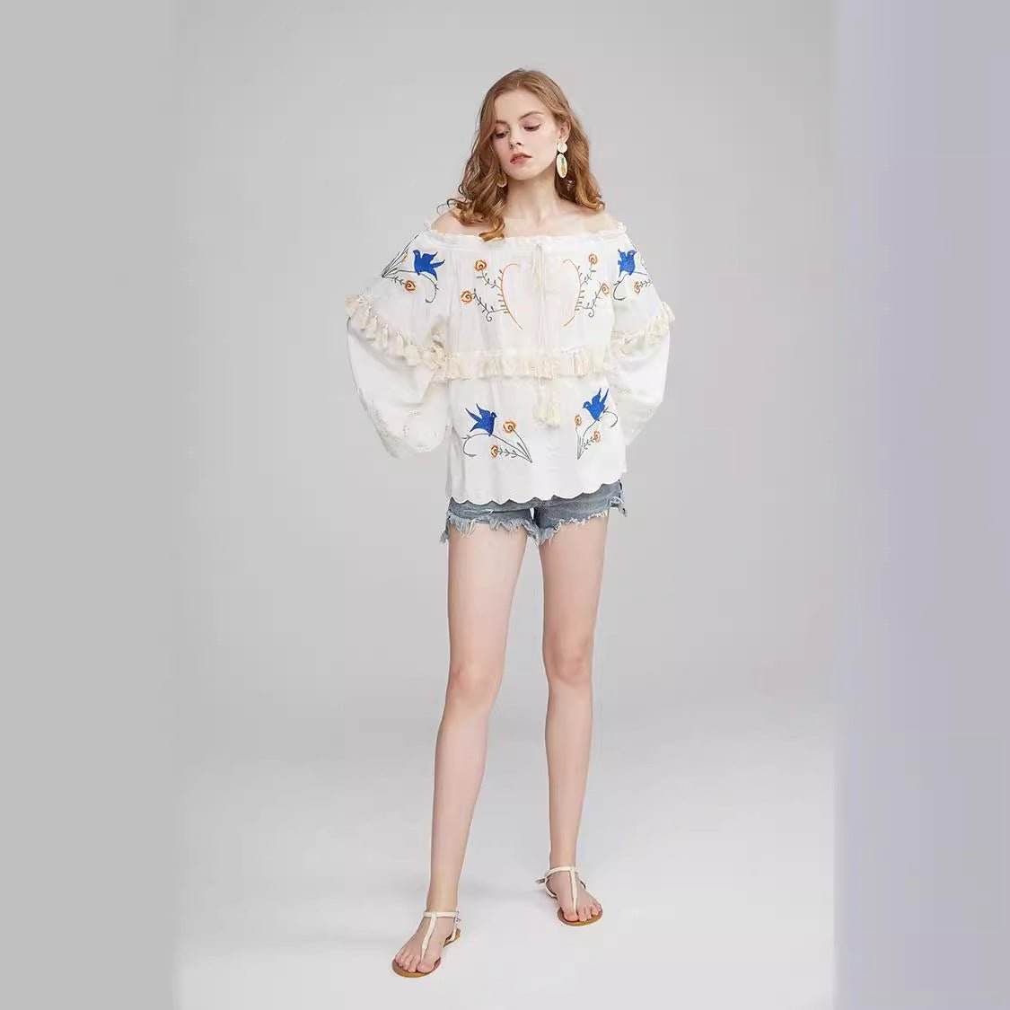 Flower embroidery hollow tassel one shoulder big trumpet sleeve shirt top | MuddyStock Originals MuddyStock