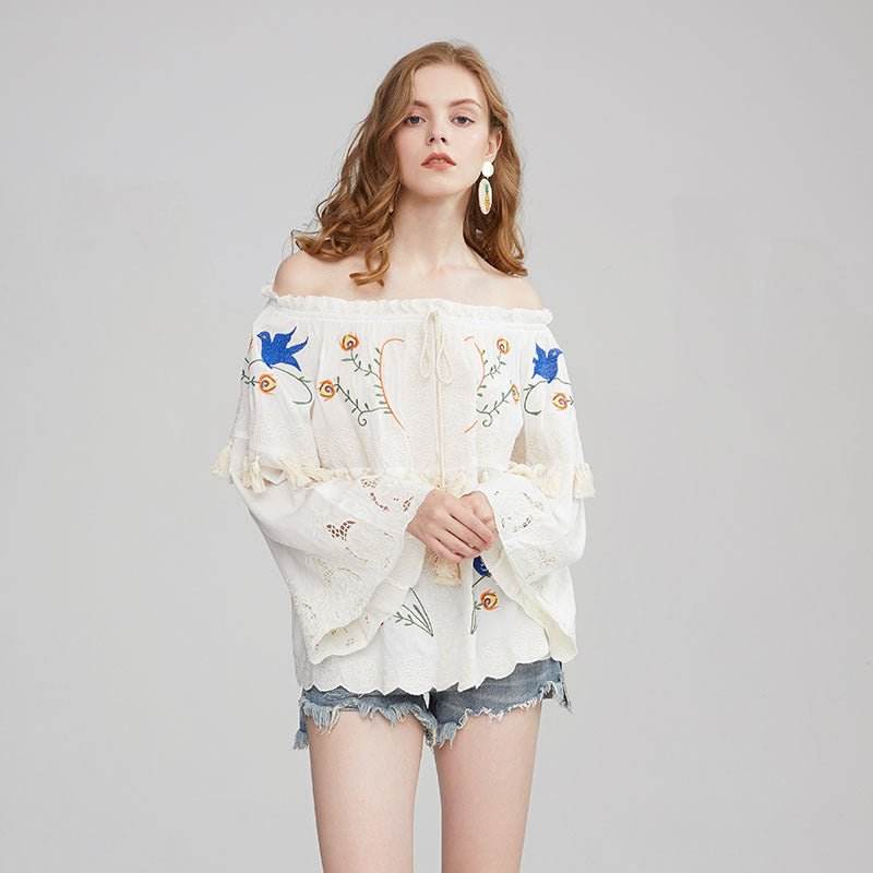 Flower embroidery hollow tassel one shoulder big trumpet sleeve shirt top | MuddyStock Originals MuddyStock