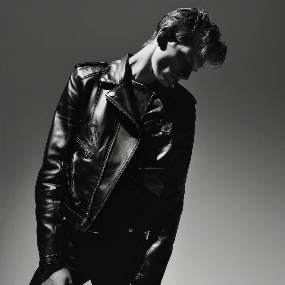 Monochrome portrait of a male model in a black leather jacket, showcasing MuddyStock’s edgy and bold streetwear aesthetic.