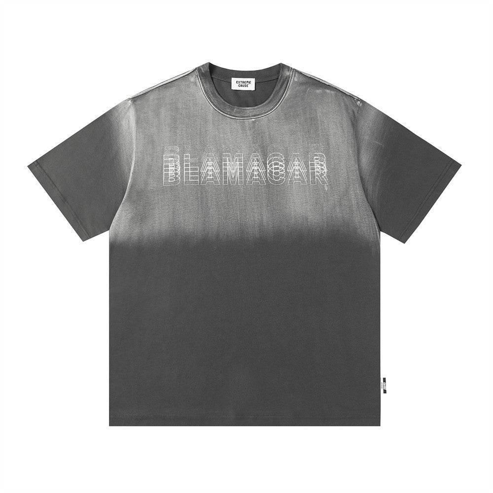 Gradient Letter Loose T-shirt Short Sleeve Men Dark Gray