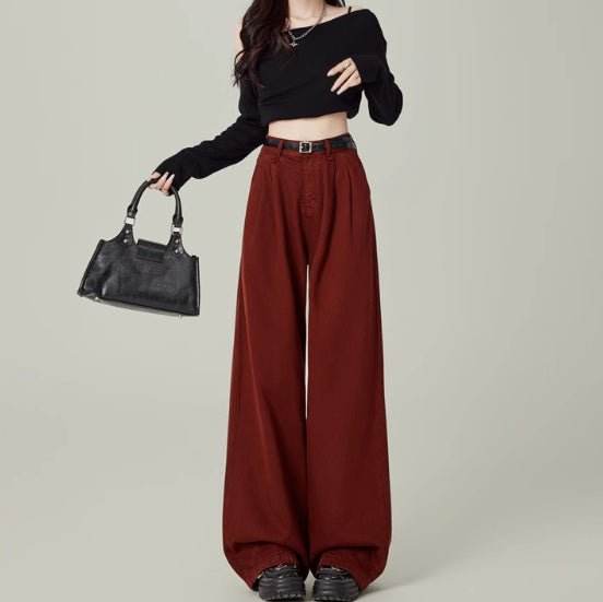 High Waisted Petite Straight Wide Leg Trousers Ankola red MuddyStock