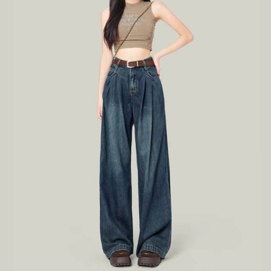 High Waisted Petite Straight Wide Leg Trousers Retro blue MuddyStock