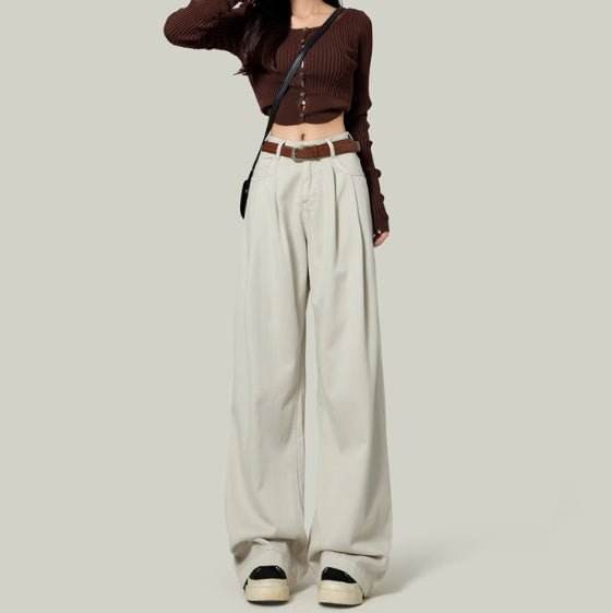 High Waisted Petite Straight Wide Leg Trousers Flowing apricot MuddyStock