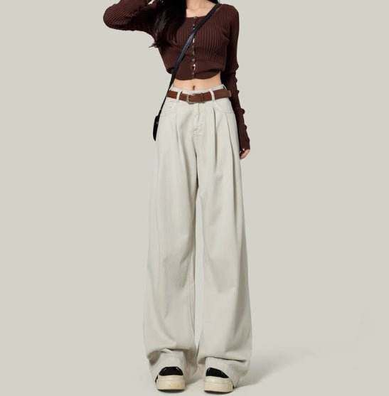 High Waisted Petite Straight Wide Leg Trousers MuddyStock