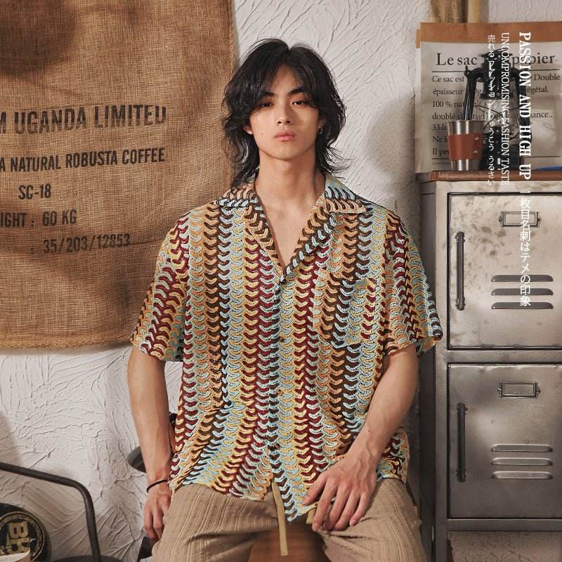 Japanese Style Cuban Collar National Style Hollow Jacquard Color Matching Short Sleeve Red MuddyStock