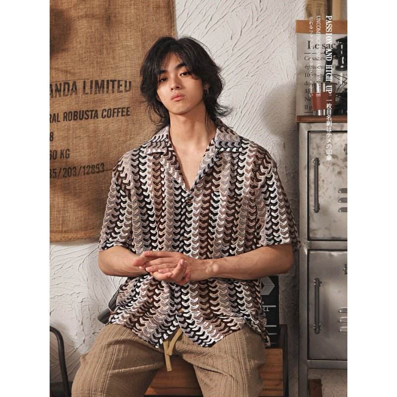 Japanese Style Cuban Collar National Style Hollow Jacquard Color Matching Short Sleeve MuddyStock
