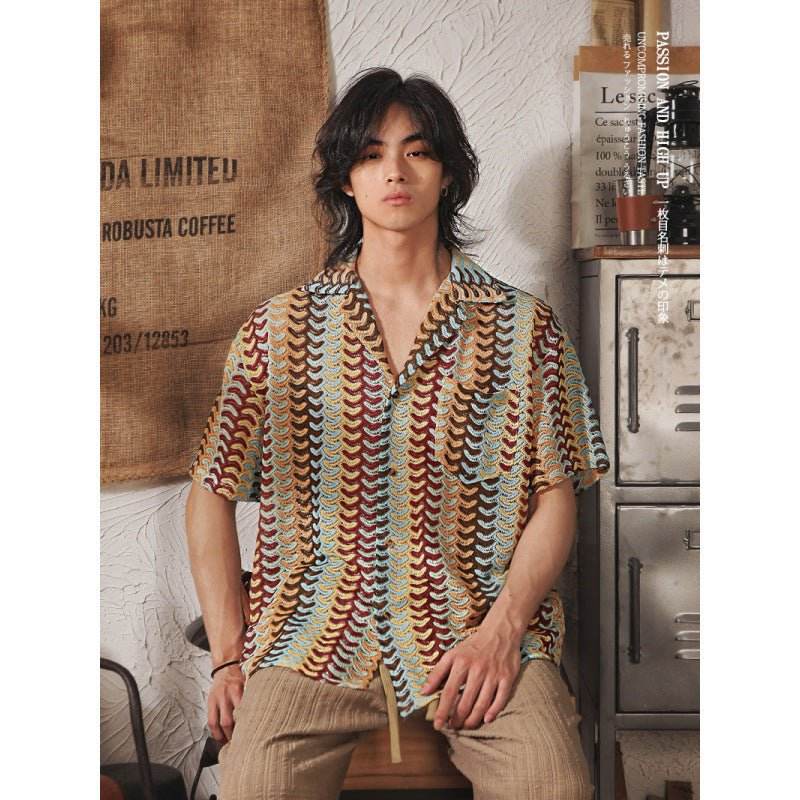 Japanese Style Cuban Collar National Style Hollow Jacquard Color Matching Short Sleeve MuddyStock