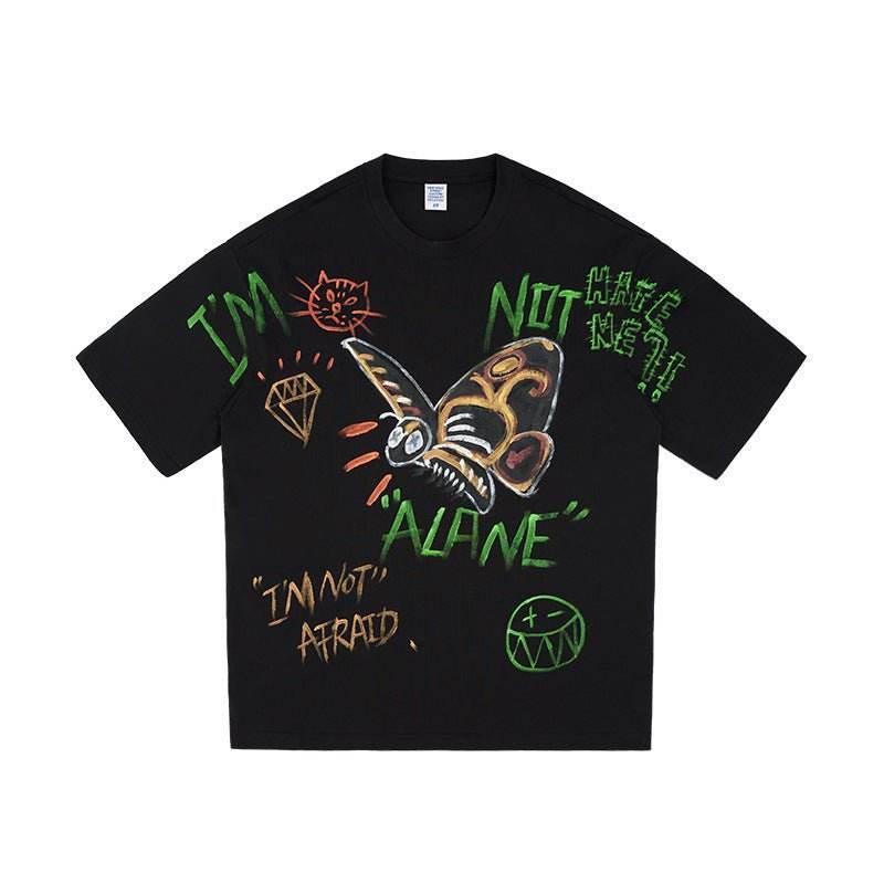 Men's Full Graffiti Printing T-shirt Loose Personality Short Sleeve Black