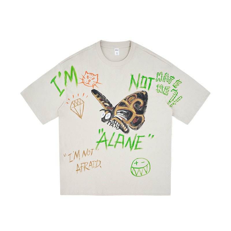 Men's Full Graffiti Printing T-shirt Loose Personality Short Sleeve Beige Gray MuddyStock