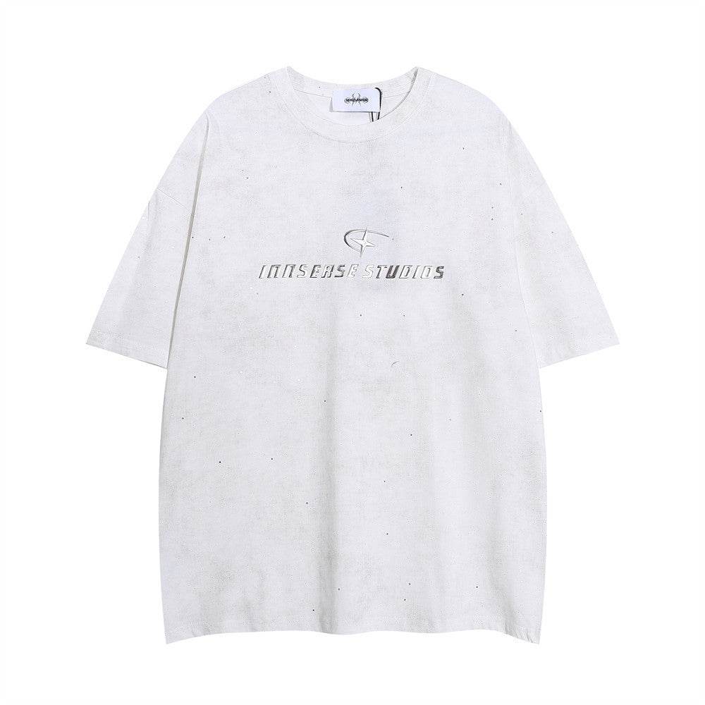 Men's Short-sleeved T-shirt Full Of Rhinestone Letters White MuddyStock
